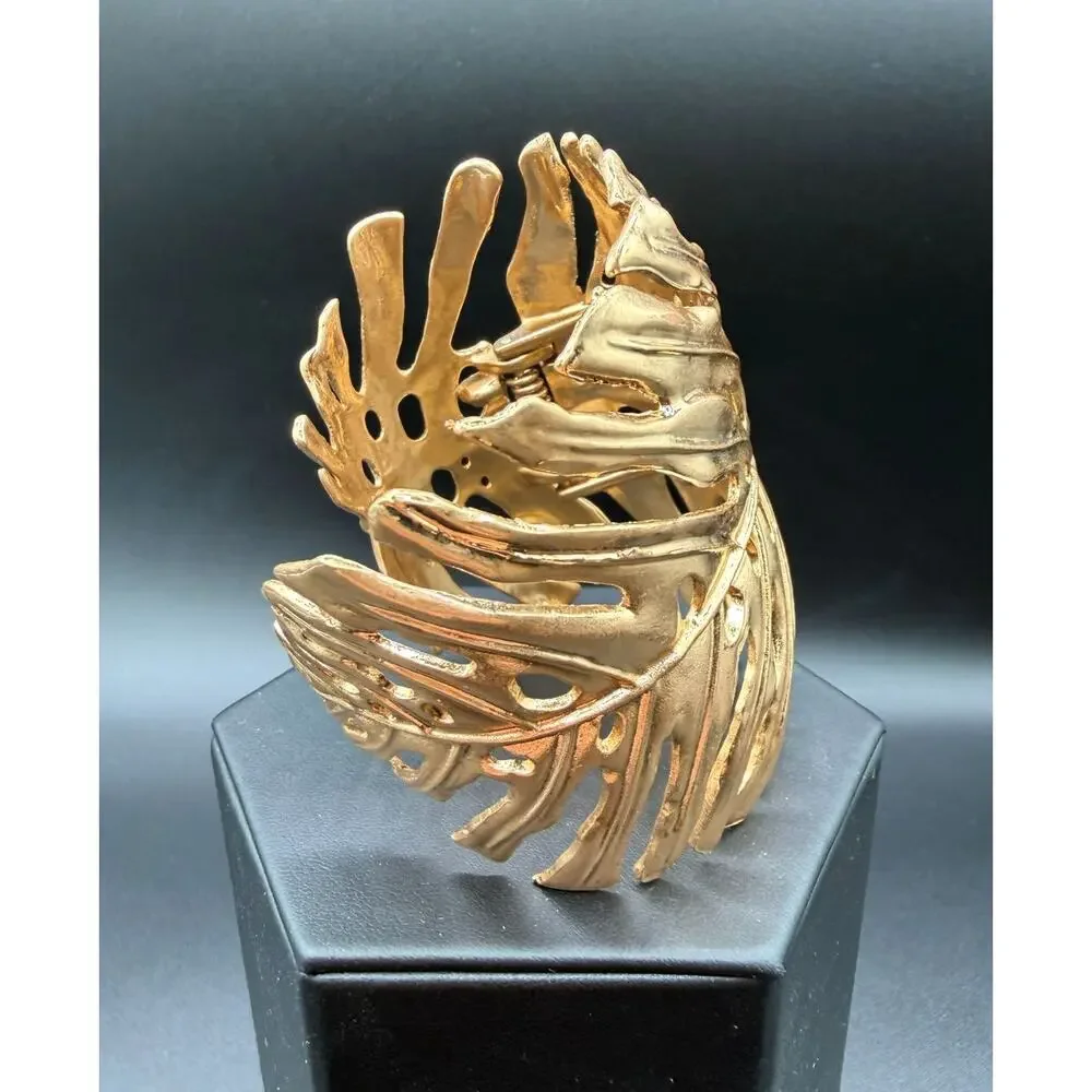 Zara Gold Monstera Leaf Hinged Cuff Bracelet